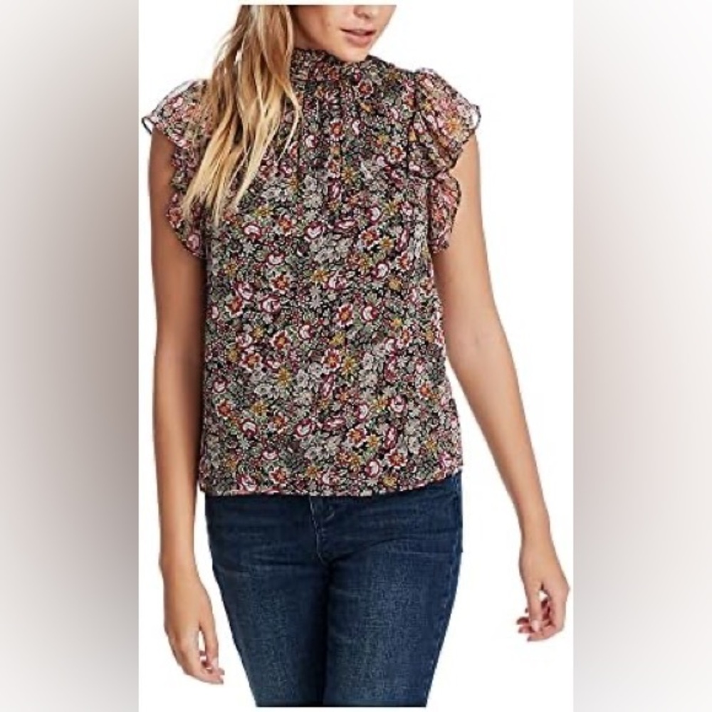 1. State Floral Ruffle Cap-Sleeve Blouse in Black Multi